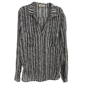 Bella Dahl Button Front Top Women Size Large Black Gray Long Sleeve Gauzy V neck